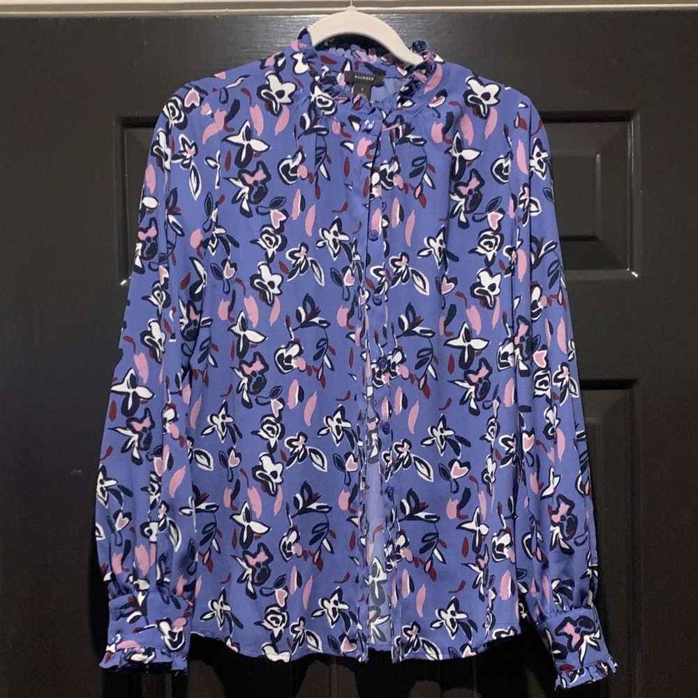 Halogen long sleeve button up top with high neck ruffle detail